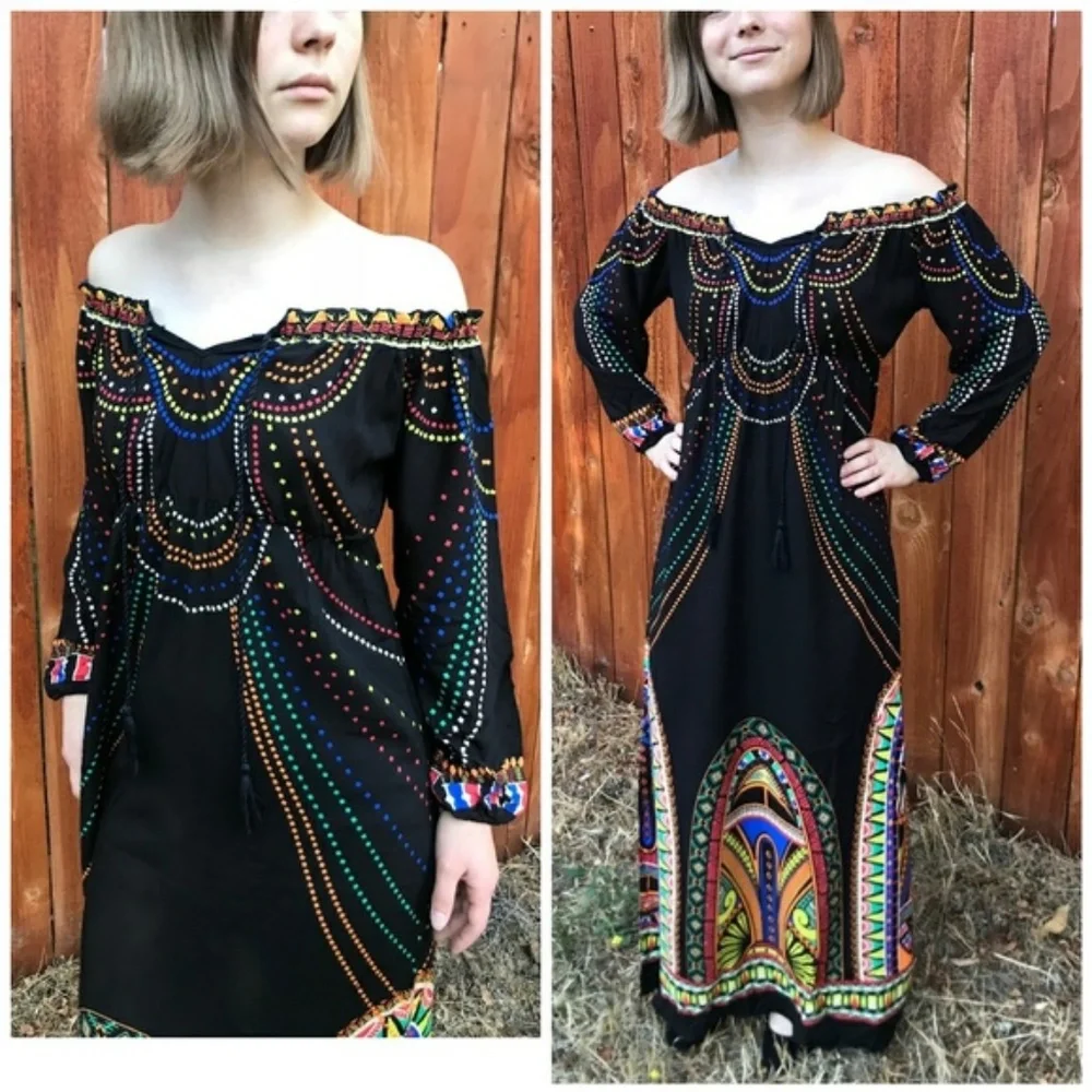 BoHo Off shoulder Maxi long dress small printed hippie bohemian black tomato - Picture 2 of 8